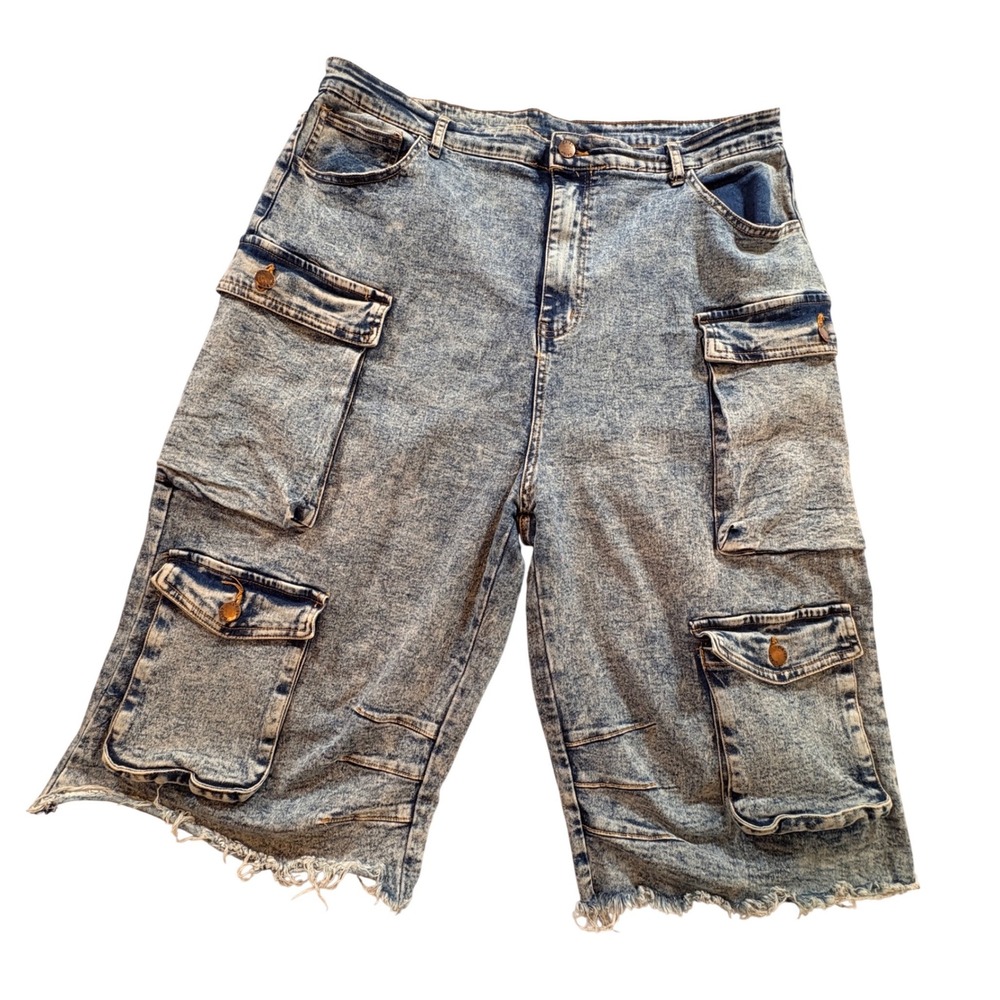 Daisy Mens 1X Acid Wash Denim Cargo Shorts Blue Frayed Hem DP240501X